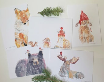 SET of 5 Christmas Greeting Cards, QUEBEC ANIMALS, Moose, Black Bear, Rabbit, Chickadee, Fox, Squirrel, Sophie Dufresne Guindon