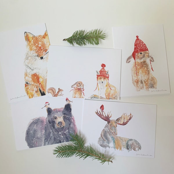 SET of 5 Christmas Greeting Cards, QUEBEC ANIMALS, Moose, Black Bear, Rabbit, Chickadee, Fox, Squirrel, Sophie Dufresne Guindon