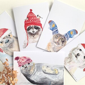 ENSEMBLE 5 Cartes de Souhaits de Noël, ANIMAUX Québec, Attache ta tuque! Loutre, raton laveur, phoque, chat & chien, Sophie Dufresne Guindon