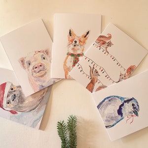 5 kerstwenskaarten - DIEREN nieuw voor 2023 | Kerstmis Winter Sophie Dufresne Guindon | varken, otter, eekhoorns, blauwe gaai en vos