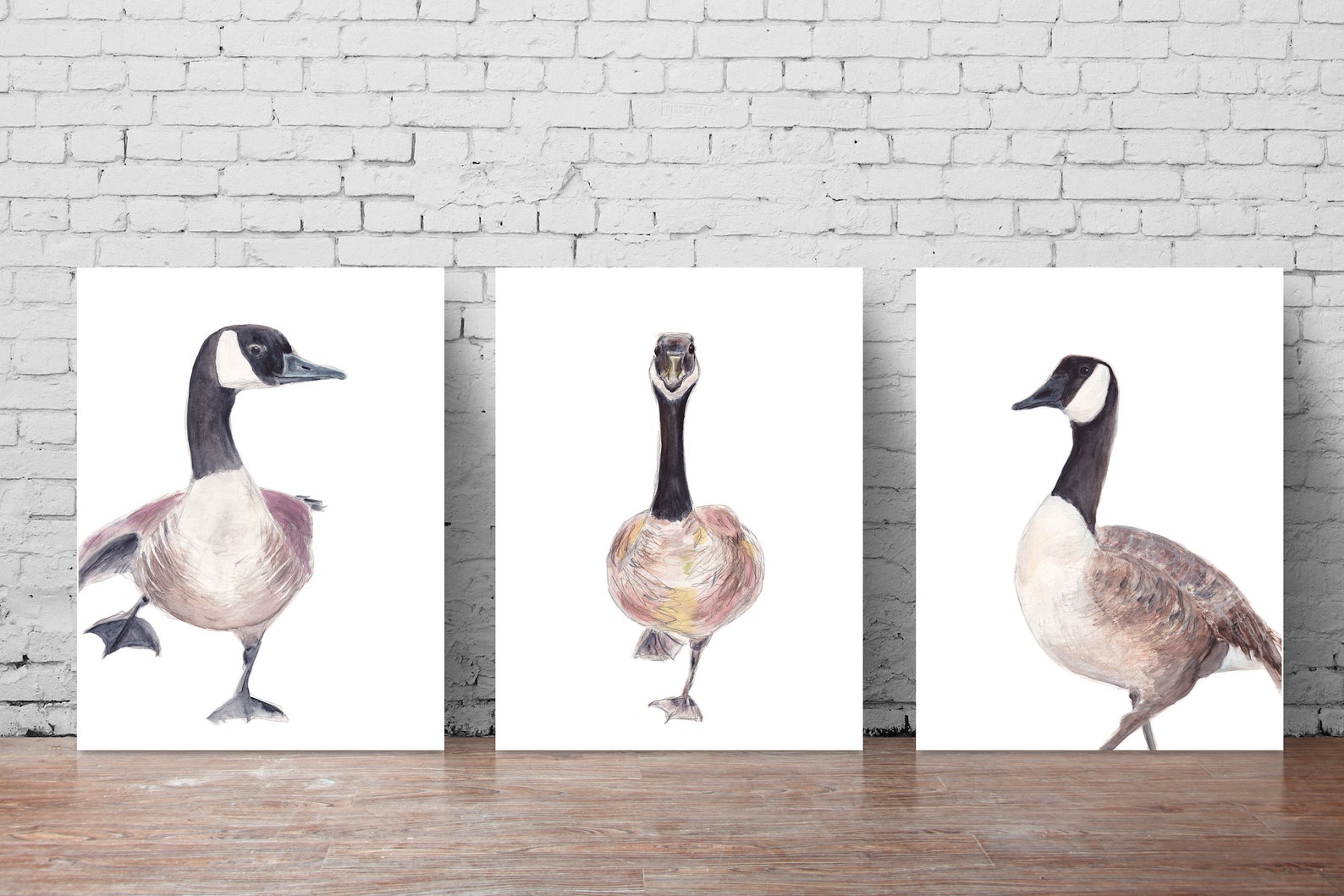 CANVAS Trio of Fine Art Prints, Geese, Canadian Geese Watercolor, SET OF 3, Minimalist Wall Art