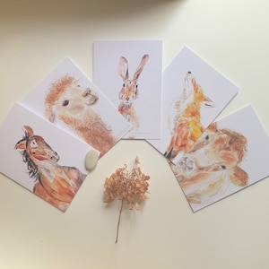 ANIMALS, greeting cards, set of 5 cards, Horse, LAMA, Hare, Fox & cow, woodland watercolor animals, Quebec, Sophie Dufresne Guindon