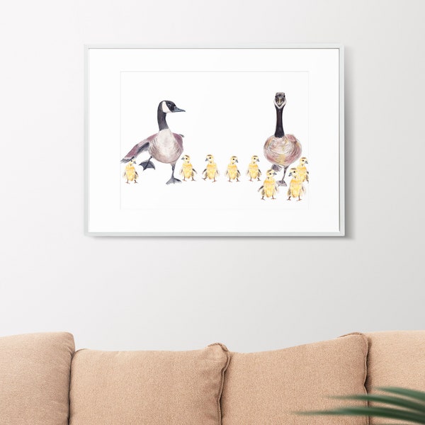 Papa, Maman et bébés Bernache, Outarde, bernache du Canada, art minimaliste, animaux du Québec, aquarelle, cadeau pour bébé, maman et papa