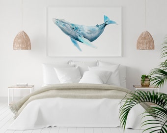 Humpback whale Painting art print, big whale ocean wall decor, underwater prints