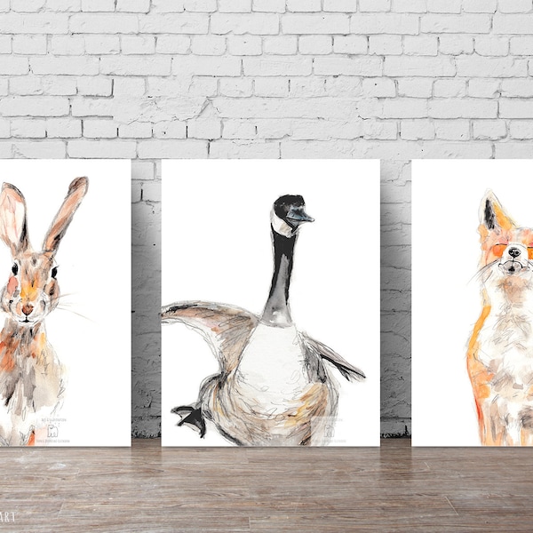 Ensemble de 3 Illustrations renard, lièvre-lapin et oie sauvage bernache-outarde, art minimaliste, peinture d'oiseaux, aquarelle et dessin