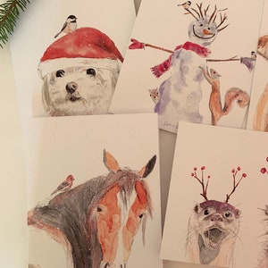 5 Cartes de Souhaits de Noël - ANIMAUX nouveautés 2023| Noël Hiver Sophie Dufresne Guindon | cheval, chien, raton laveur & loutre