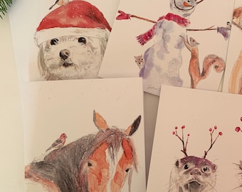 5 Cartes de Souhaits de Noël - ANIMAUX nouveautés 2023| Noël Hiver Sophie Dufresne Guindon | cheval, chien, raton laveur & loutre