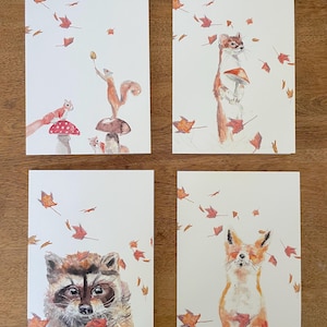 Autumn 4 greeting cards maple leaves, squirrels & mushrooms, weasel, baby raccoon, fox, watercolour,Animals Canada