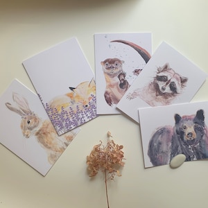 Animals zen FOREST, set of 5 WISH cards, bunny rabbit, fox, otter, raccoon, bear, watercolor, Quebec, Sophie Dufresne Guindon