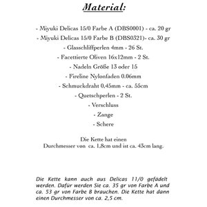 May include: A list of materials needed to make a necklace, including Miyuki Delicas beads in colors A and B, glass beads, and other supplies. The text also describes the length and diameter of the finished necklace.
