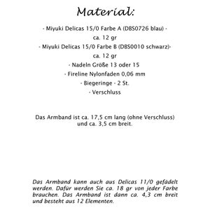 May include: Instructions for making a bracelet using Miyuki Delicas beads in blue and black, Fireline nylon thread, and a clasp. The bracelet is approximately 17.5 cm long and 3.5 cm wide.