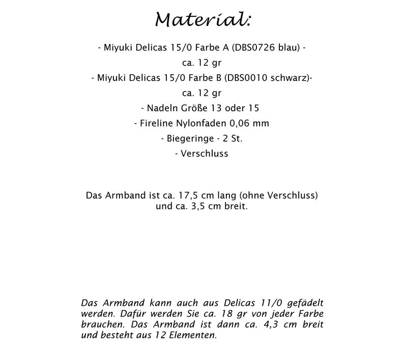 May include: Instructions for making a bracelet using Miyuki Delicas beads in blue and black, Fireline nylon thread, and a clasp. The bracelet is approximately 17.5 cm long and 3.5 cm wide.