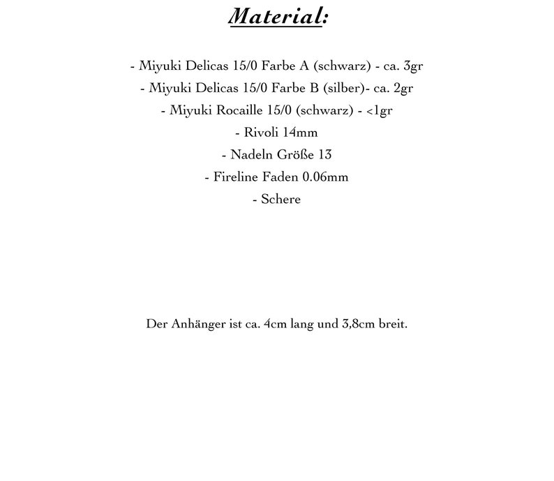 Puede incluir: Una lista de materiales necesarios para hacer un colgante de joyer&iacute;a, incluyendo cuentas Miyuki Delicas en negro y plata, cuentas Miyuki Rocaille en negro, un cristal Rivoli, agujas de tama&ntilde;o 13, hilo Fireline y tijeras. El colgante mide aproximadamente 4 cm de largo y 3,8 cm de ancho.