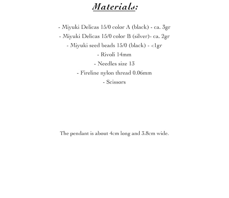 Puede incluir: Lista de materiales para un proyecto de joyer&iacute;a, que incluye cuentas Miyuki Delicas en negro y plata, cuentas de semillas, un cristal Rivoli, agujas, hilo de nylon Fireline y tijeras. El colgante mide aproximadamente 4 cm de largo y 3,8 cm de ancho.