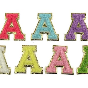 Ferro em chenille colorido personalizado do time do colégio de 2.6 polegadas com letras de brilho dourado remendos feitos à mão/remendos do alfabeto criativo inicial A-Z