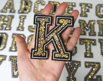 Personalized yellow handmade beaded Letter A thru Z Embroidery Applique Patchs/Alphabet patches/Sew or Iron On Patches/For Jacket Bag kids