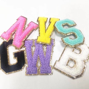 IRON ON 3” varsity Personalized colorful Chenille with gold glitter letter Handmade Patchs/Crative  Initial A-Z Alphabet patches