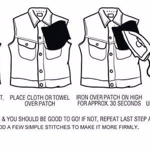 May include: Illustrated instructions for applying an iron-on patch to a garment. The steps include placing the patch, covering it with a cloth, ironing, and ironing the inside. Text instructions are included.
