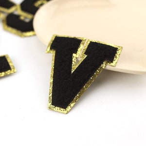 3” Black varsity Personalized colorful Chenille with gold glitter letter Handmade Patchs/Iron on chenille letter patch