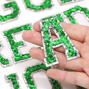 Parches de pedrería de letras hechas a mano con brillo verde de 2" / Parches de bordado / Parches para planchar / Para parches de bolsos de chaqueta