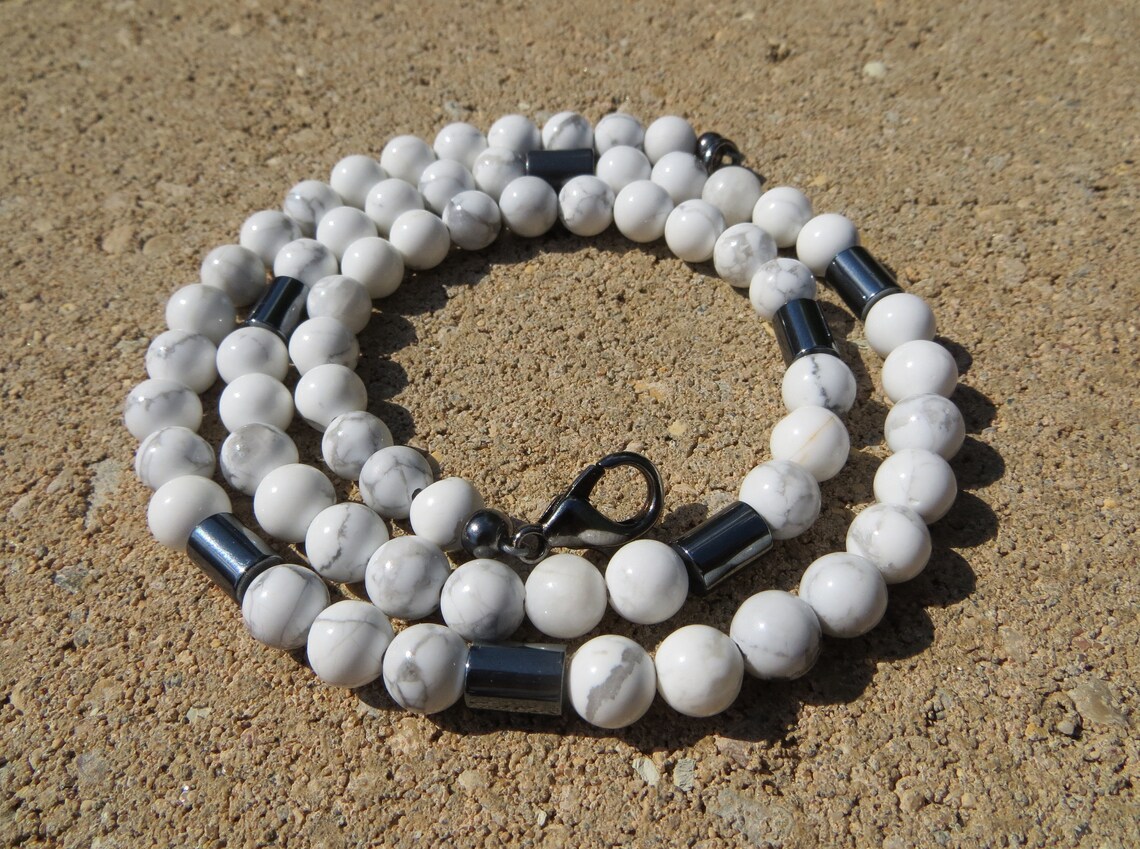 White Howlite Necklace White Beaded Necklace Hematite Etsy