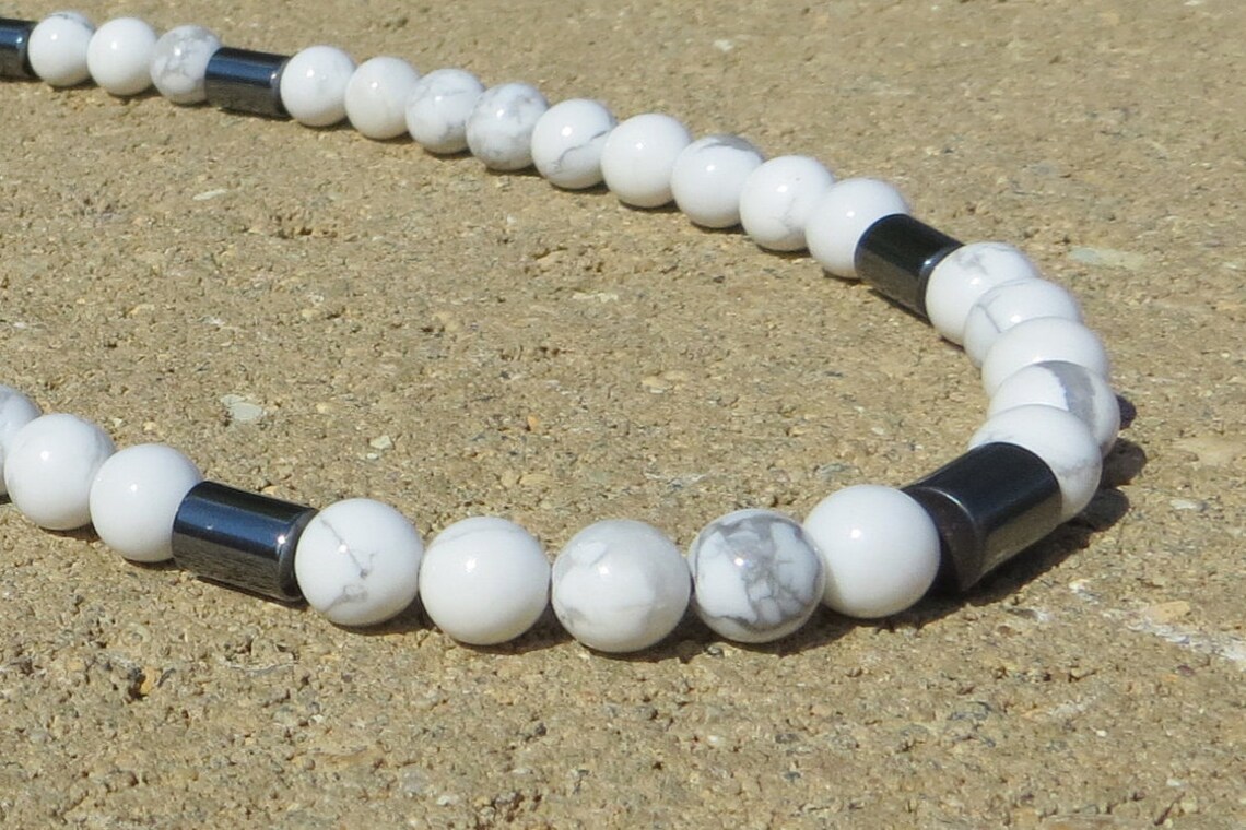 White Howlite Necklace White Beaded Necklace Hematite Etsy