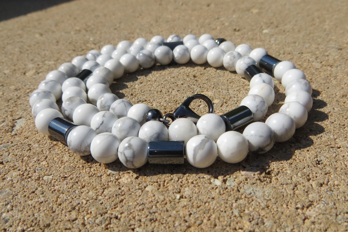 White Howlite Necklace White Beaded Necklace Hematite Etsy