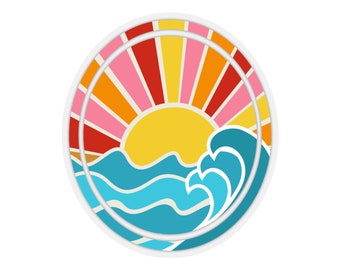 Retro Sunrise Over Ocean Waves Kiss Cut Sticker- Multiple Sizes