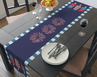 Fourth of July Patriotic Red, White, Blue Popsicle Firework Table Runner - Cotton or Polyester