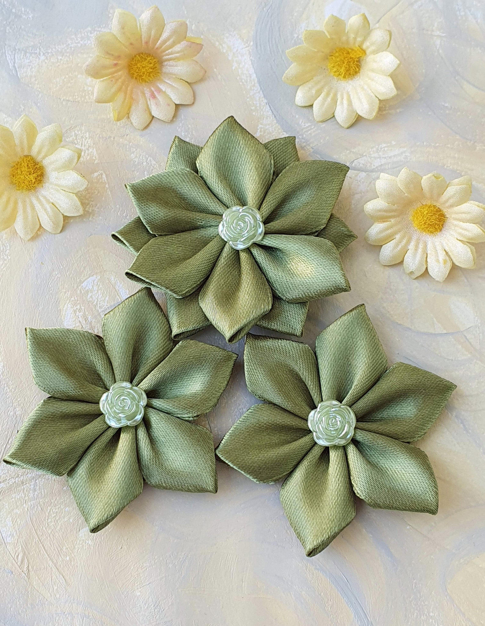 Set of 3 Olive Green Ribbon Flowers Handmade Craft Flowers Etsy