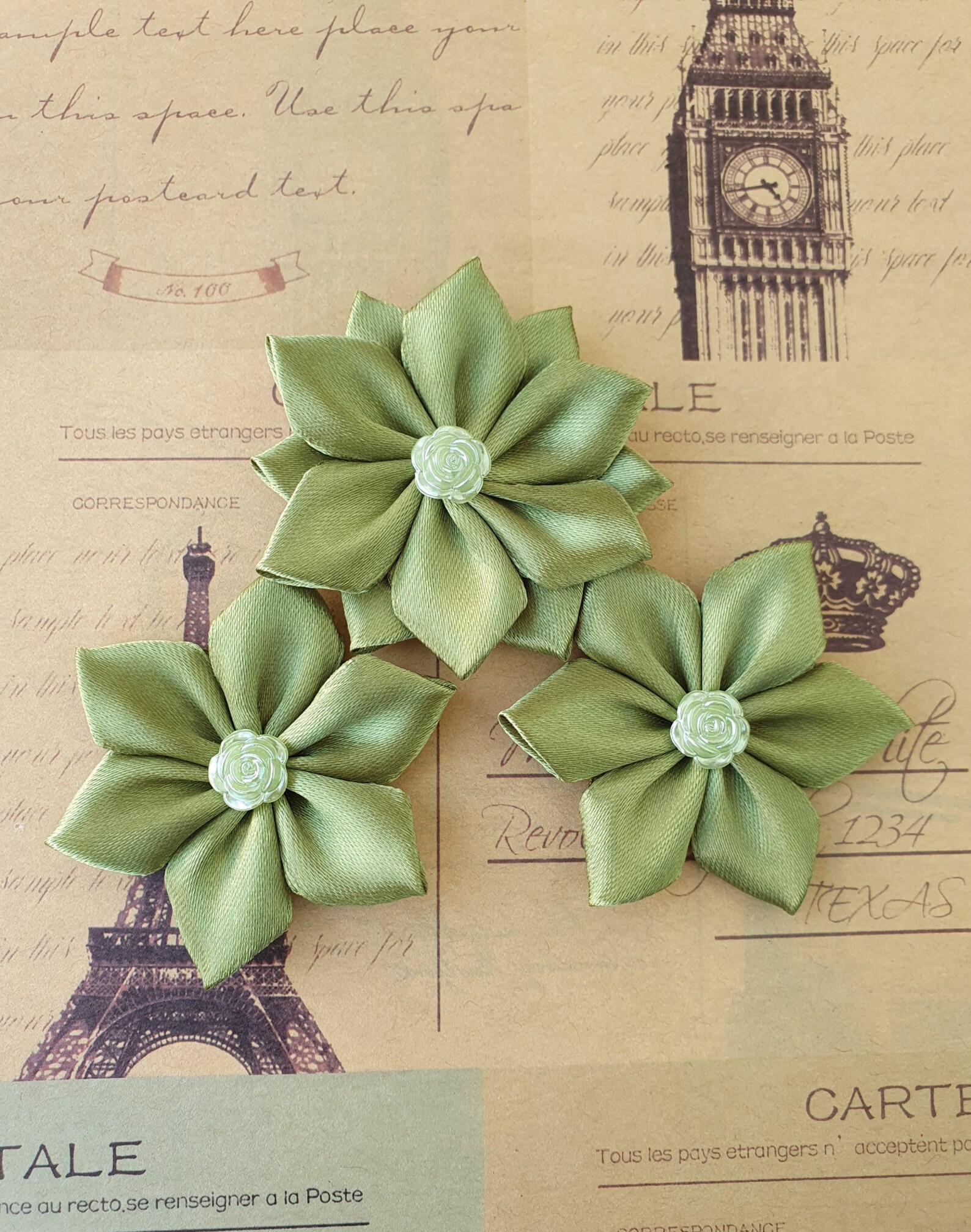 Set of 3 Olive Green Ribbon Flowers Handmade Craft Flowers Etsy