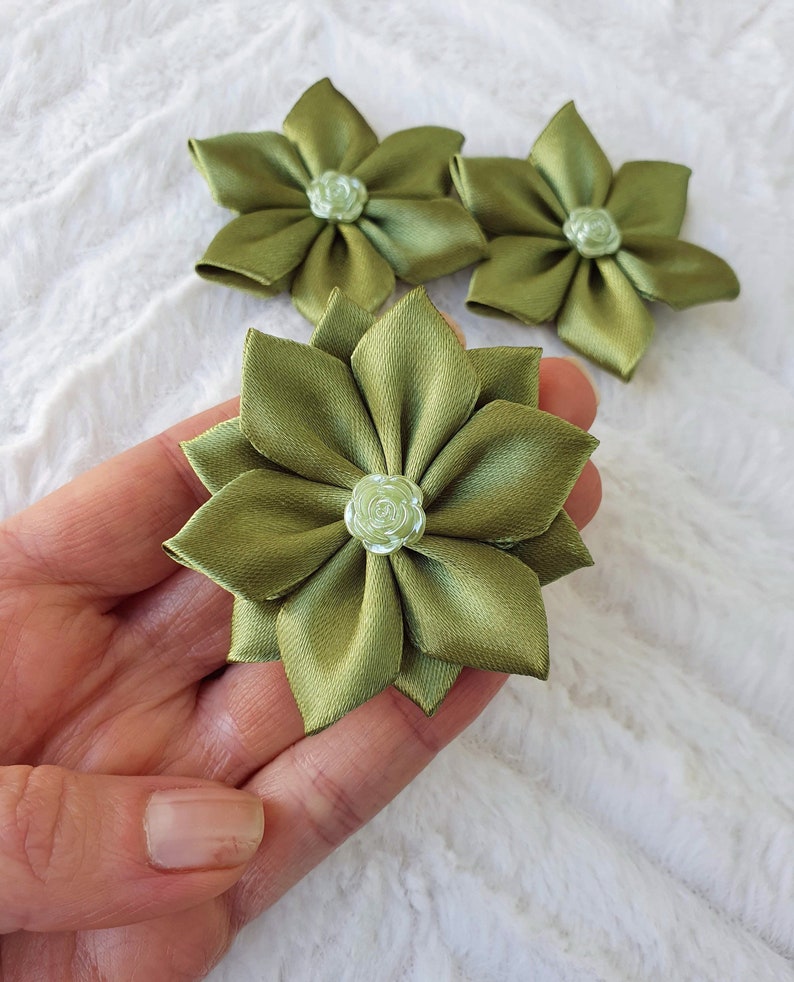 Set of 3 Olive Green Ribbon Flowers Handmade Craft Flowers Etsy