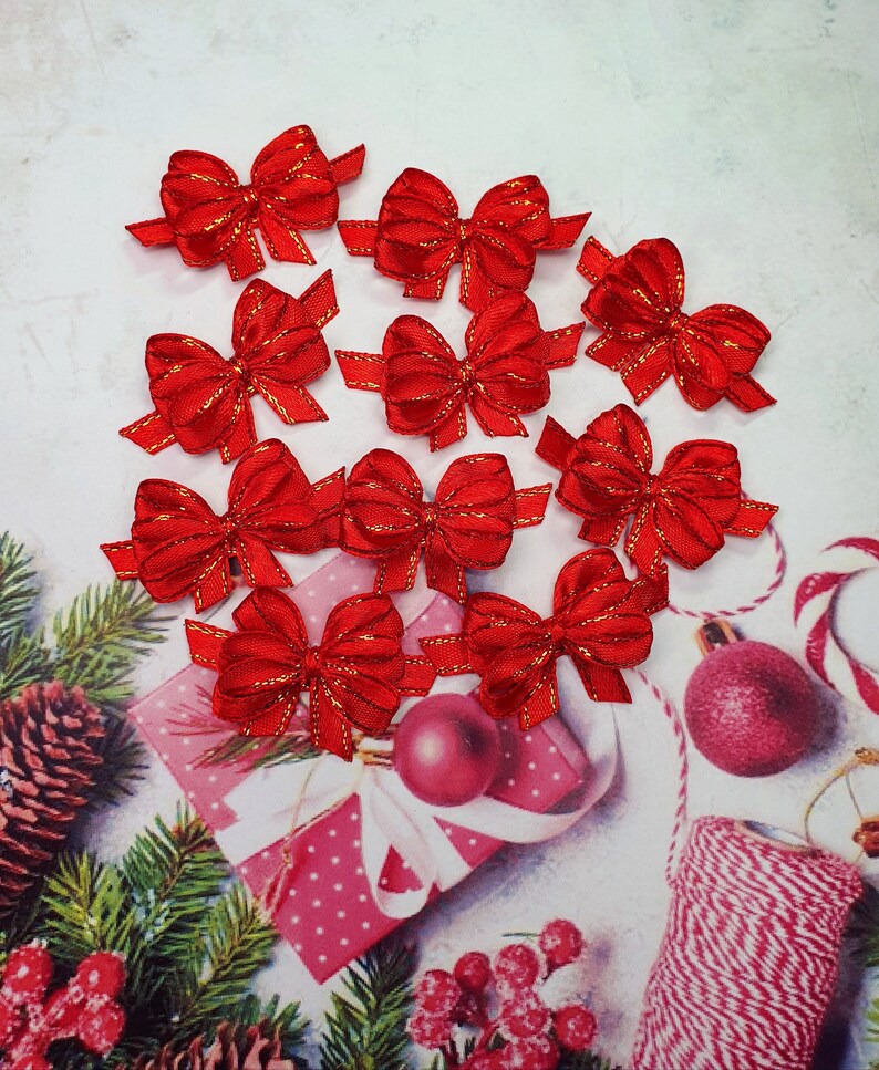 Gold Red Christmas Bows Ribbon Craft Bows Etsy