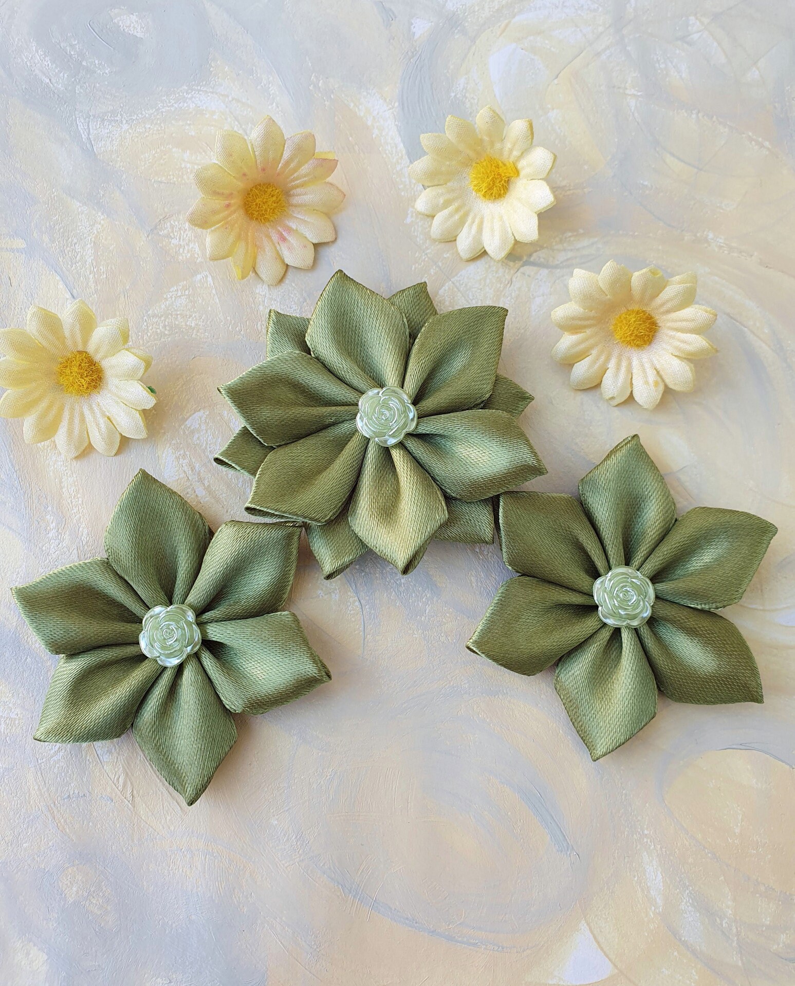 Set of 3 Olive Green Ribbon Flowers Handmade Craft Flowers | Etsy