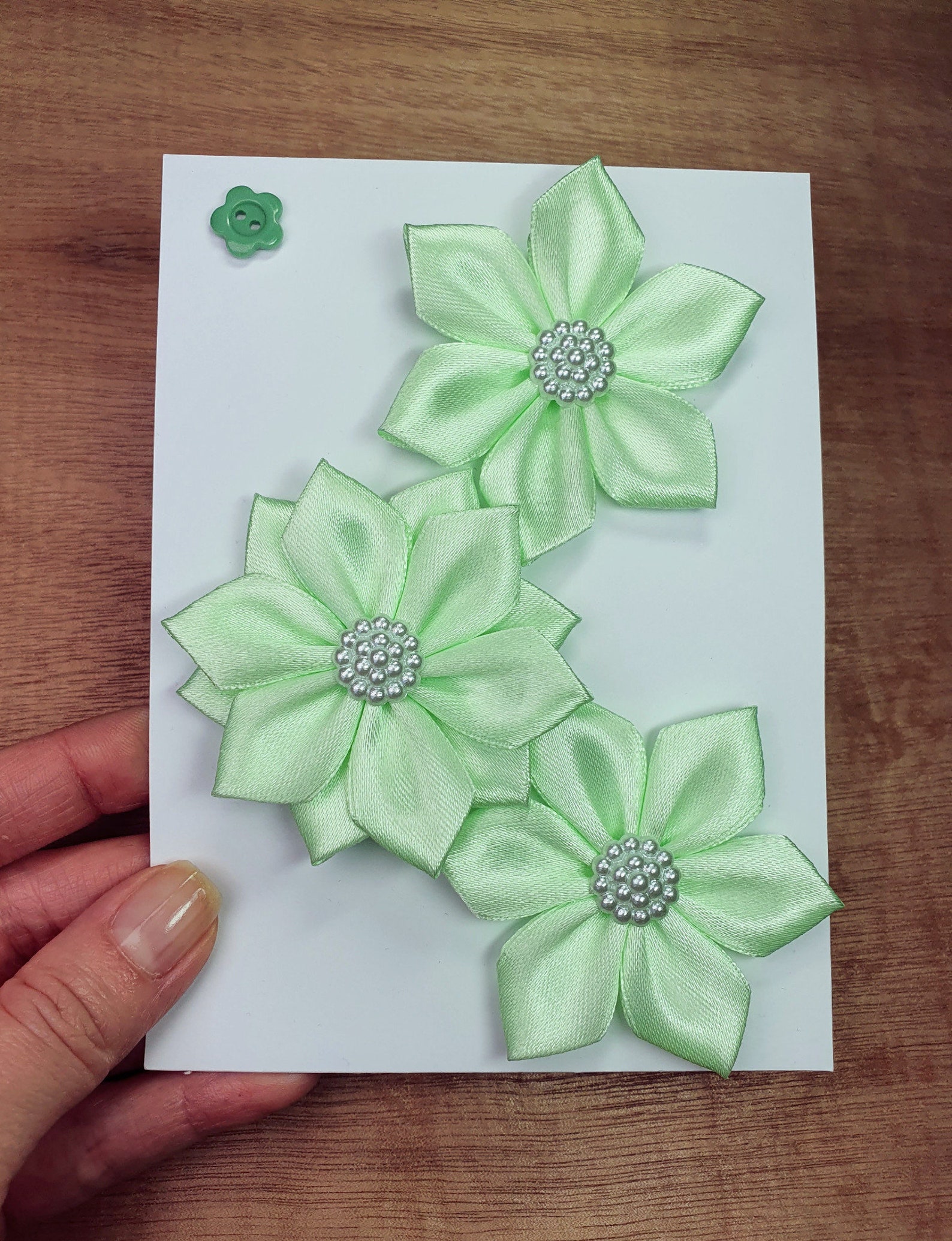 Set of 3 Mint Green Ribbon Flowers Handmade Craft Flowers Etsy