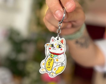 Maneki-neko Cat Printed Wooden Key-chain - Etsy