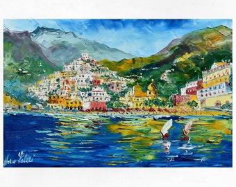 Positano oil painting on canvas, originale paesaggio marino italiano della Costiera Amalfitana, Italia. Palette knife. 50x80cm (19"x31")