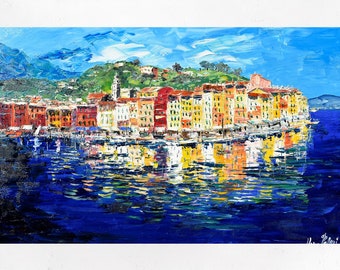 Portofino oil painting on canvas, originale arte moderna strutturata delle Cinque Terre, Italia. Palette knife/spatula. 70x100cm (27"x39")