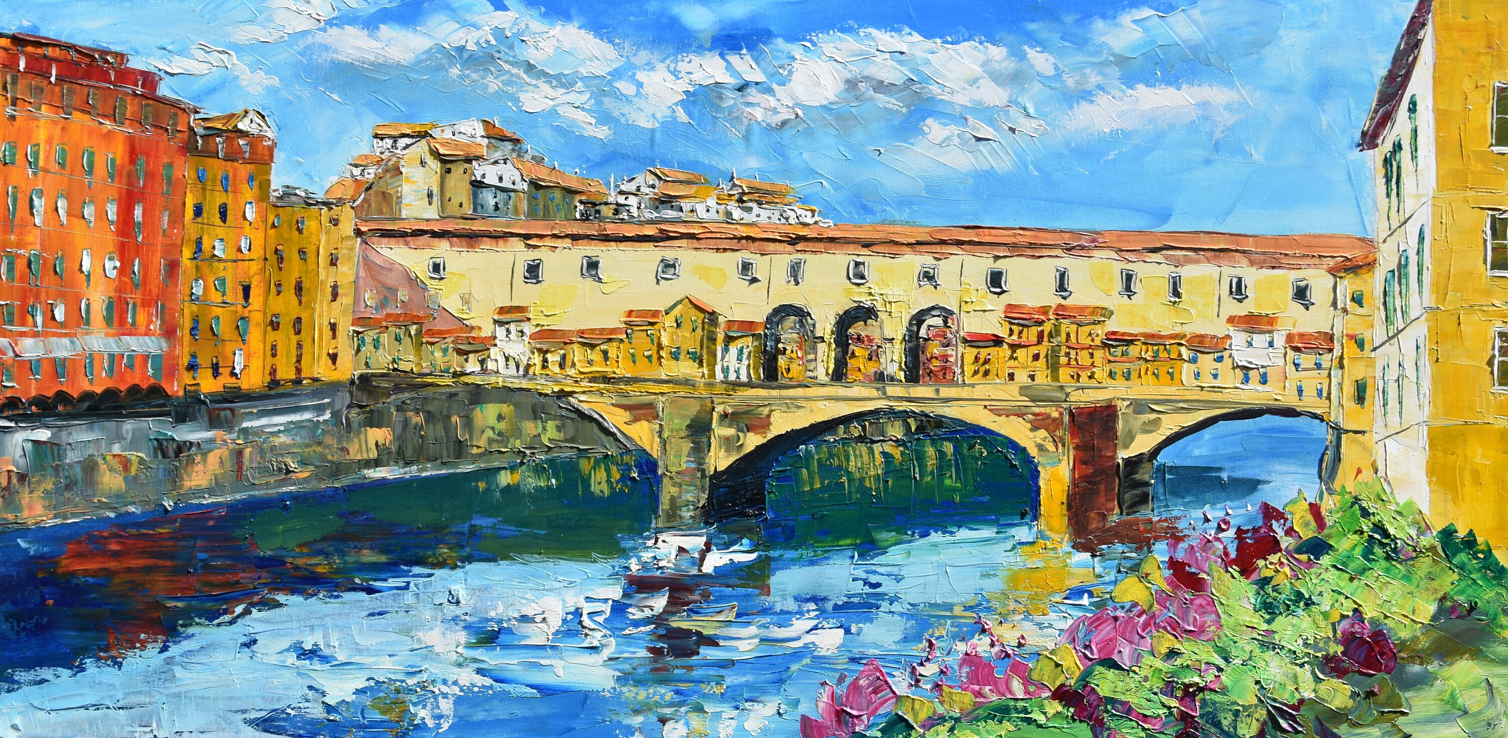 キャンバスに描かれたトスカーナの絵画、ヴェッキオ橋、壁の