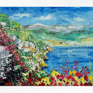 Amalfi Coast painting on canvas, wall art decor, gift idea. Oil on canvas, palette knife/spatula. 70X100cm (27&quot;X39&quot;)