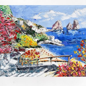 Capri, I Faraglioni, painting on canvas, oil painting, gift for woman. Oil on canvas, palette knife/spatula.50x70cm (19.6&quot;x27.5)