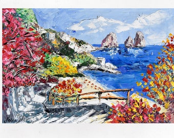 Capri, I Faraglioni, peinture sur toile, peinture à l’huile, cadeau pour femme. Huile sur toile, couteau à palette/spatule.50x70cm (19.6"x27.5)