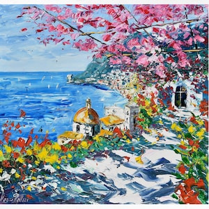 Positano painting on canvas, Amalfi coast, wall art decor, gift idea. Oil on canvas, palette knife/spatula. 70x70cm (27&quot;x27&quot;)