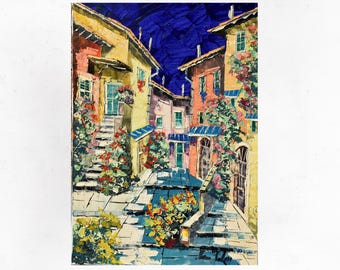 Tuscany oil painting on canvas, paesaggio urbano con texture, decorazione murale artistica, Italia. Palette knife/spatula. 70x50cm (27"x19")