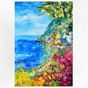 Positano painting on canvas, Amalfi Coast, wall art  decor, gift idea. Oil on canvas, palette knife/spatula.90x60cm (35&quot;X23&quot;)