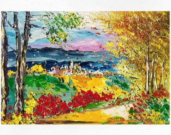Tuscany oil painting on canvas, work of modern impressionist art of  the countryside with trees, Italia. Palette knife. 40x60cm (15"x23")
