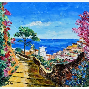 Positano painting on canvas, Amalfi Coast, wall art decor, gift idea. Oil on canvas, palette knife/spatula. 70x70cm (27&quot;x27&quot;)