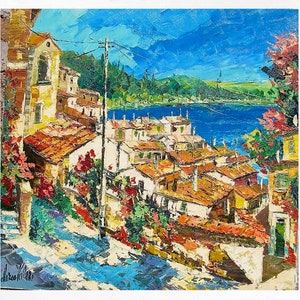 Bracciano lake painting, Anguillara,  Italy, oil painting, Marco Valeri, gift. Oil on canvas, palette knife/spatula. 80x80 cm (31&quot;x31&quot;)