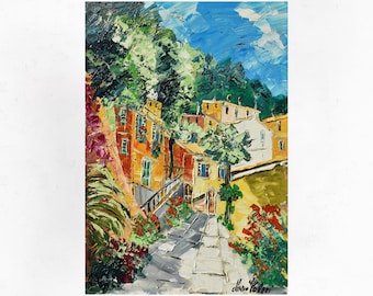 Portofino oil painting on canvas, lavoro strutturato, arte moderna impressionista della Liguria, Italia. palette knife. 60x40cm (23"x15")