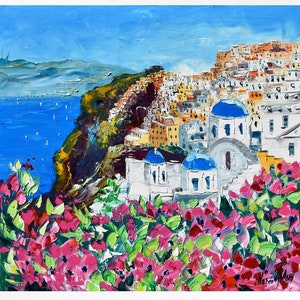 Santorini schilderij op canvas, Griekenland, cadeau voor de vrouw, kunst aan de muur decor. Palet mes/spatel. 80x80cm (31,4 &quot;x31,4&quot;)